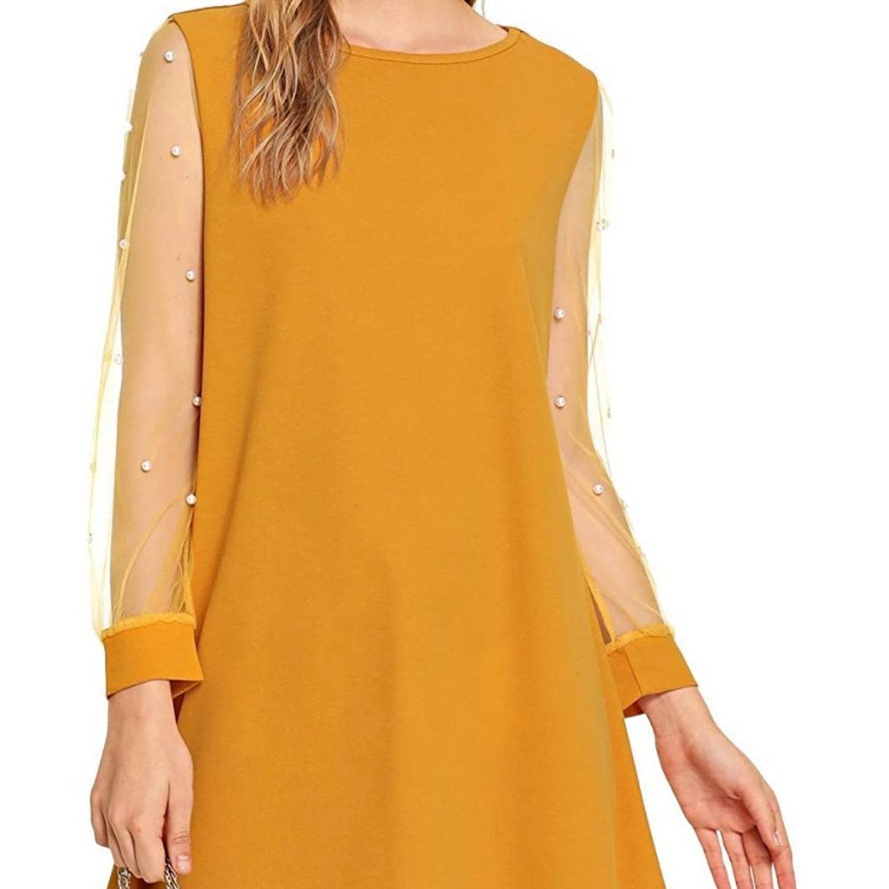 Long Sheer Sleeve Pearl Marigold Dress - Size M